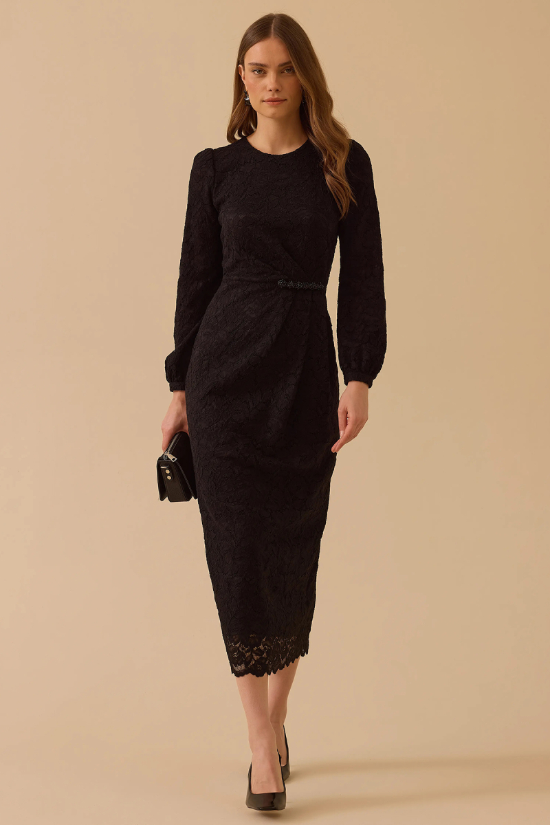 Seçil Kadın Boncuk Detaylı Dantel Elbise 1025 Siyah Siyah