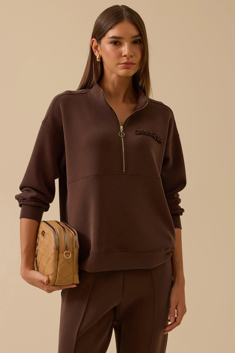 Seçil Kadın Boncuk Detaylı Fermuarlı Sweatshirt 0003 Kahverengi Kahverengi