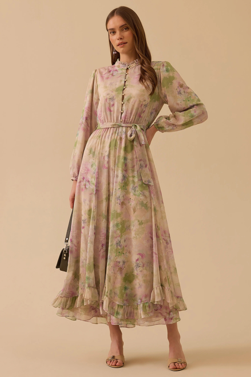 Seçil Kadın Çiçek Desenli Fırfırlı Şifon Elbise 1023 Pembe Pembe