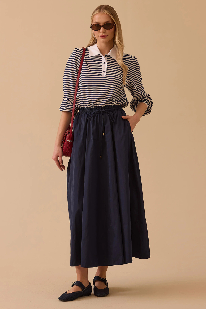 Seçil Kadın Çift Parça Görünümlü Bel Bağcıklı Maksi Elbise 1007 Lacivert Lacivert