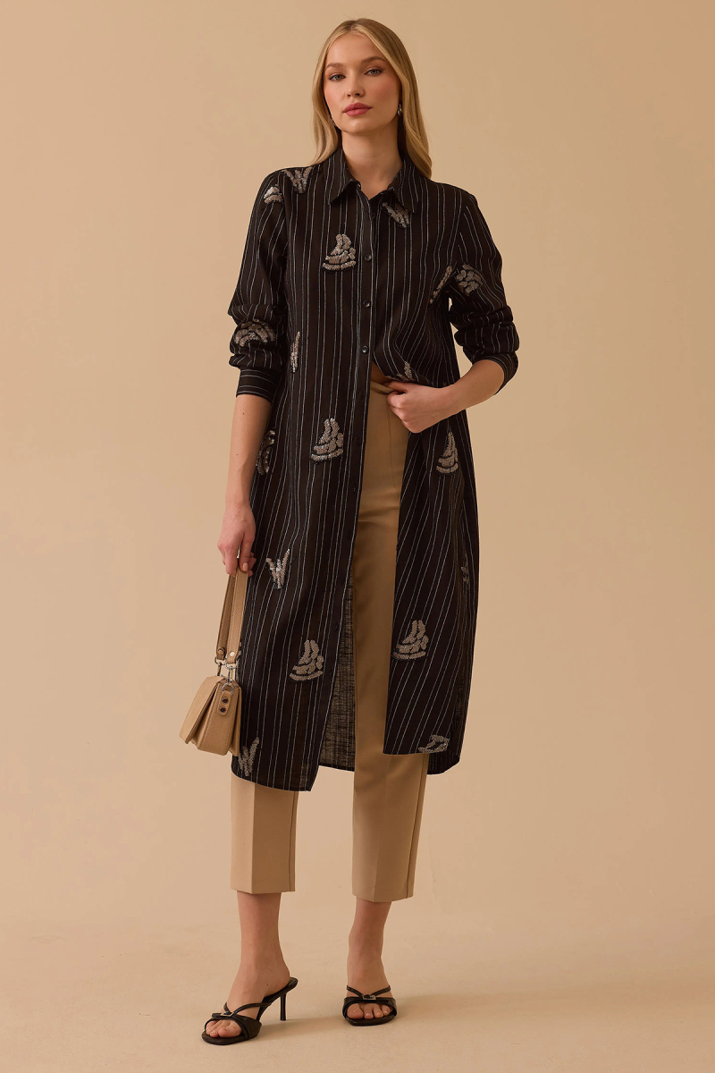 Seçil Kadın Çizgili İşlemeli Motif Detaylı Uzun Tunik 1048 Siyah Siyah