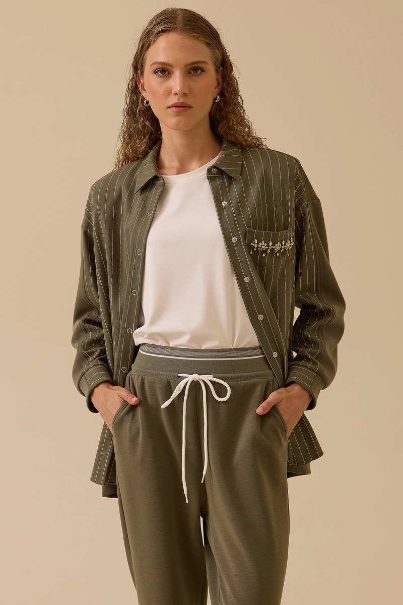 Seçil Kadın Çizgili Taş Detaylı Gömlek 0013 Haki Haki