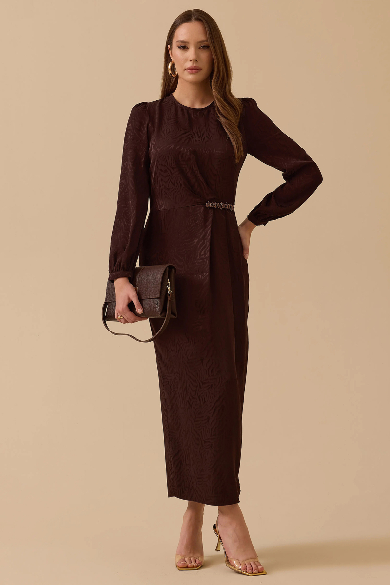 Seçil Kadın Desenli Boncuk Detaylı Saten Elbise 1005 Kahverengi Kahverengi