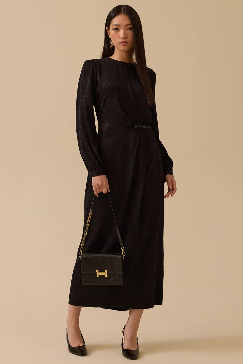 Seçil Kadın Desenli Boncuk Detaylı Saten Elbise 1005 Siyah Siyah