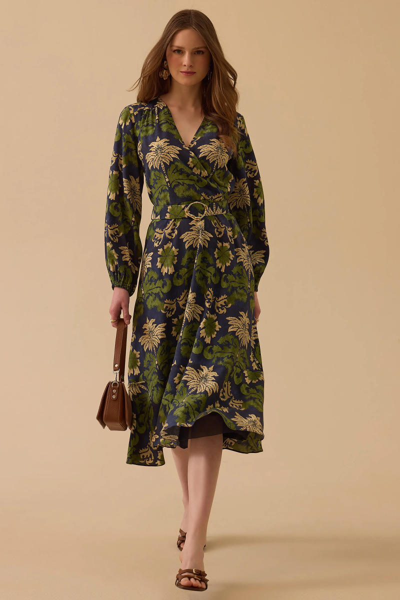 Seçil Kadın Desenli Kemerli Kruvaze Elbise 0005 Yeşil Yeşil