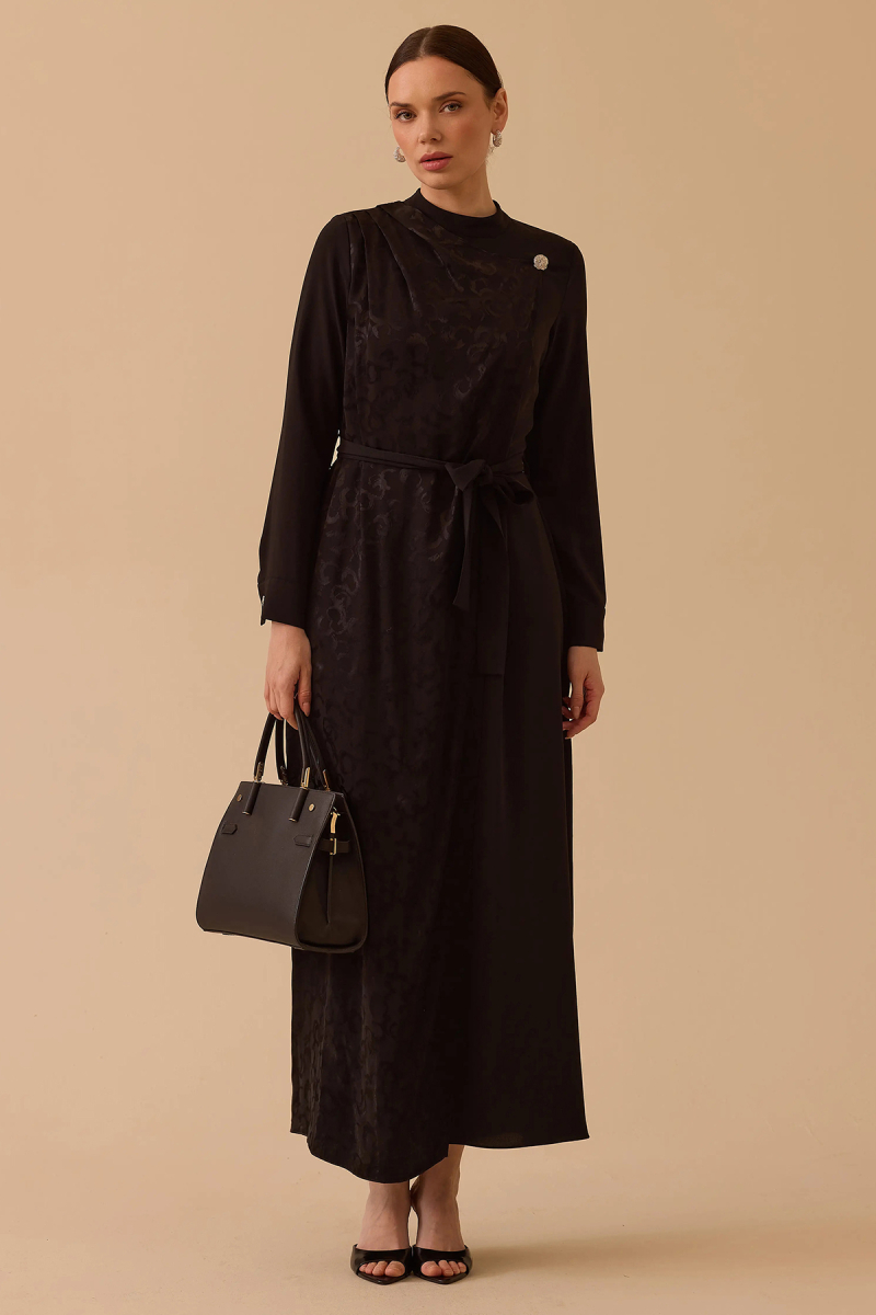 Seçil Kadın Desenli Kuşaklı Jakar Elbise 1024 Siyah Siyah