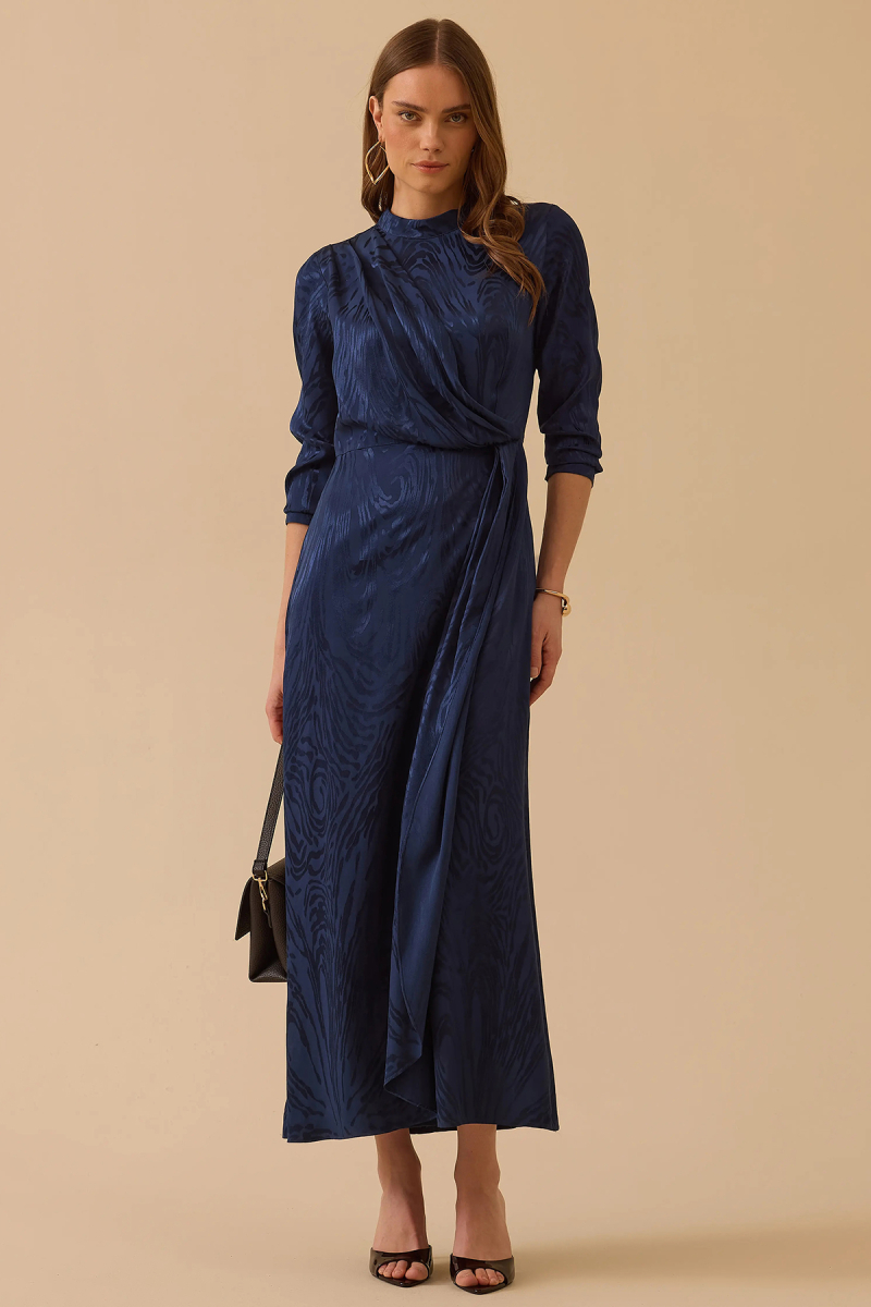 Seçil Kadın Desenli Parlak Dokulu Uzun Elbise 1016 Lacivert Lacivert