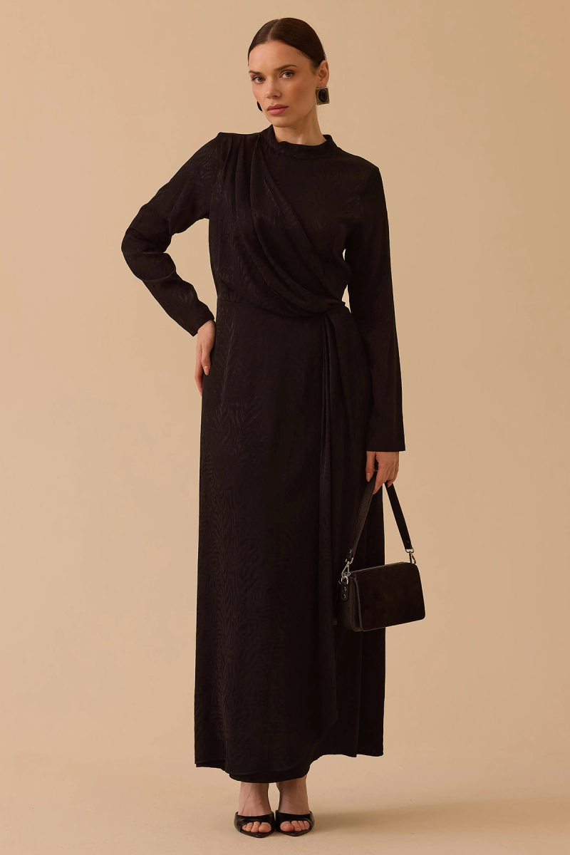 Seçil Kadın Desenli Parlak Dokulu Uzun Elbise 1016 Siyah Siyah