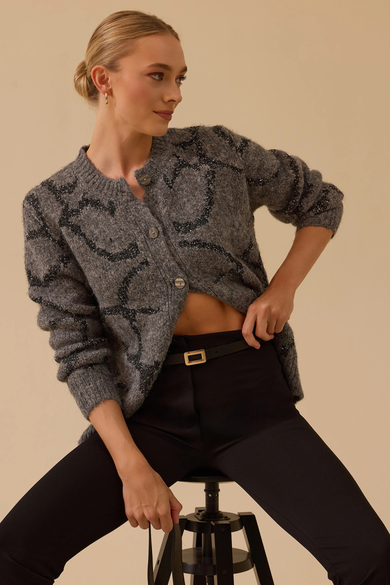 Seçil Kadın Desenli Triko Hırka 0045 Gri Gri