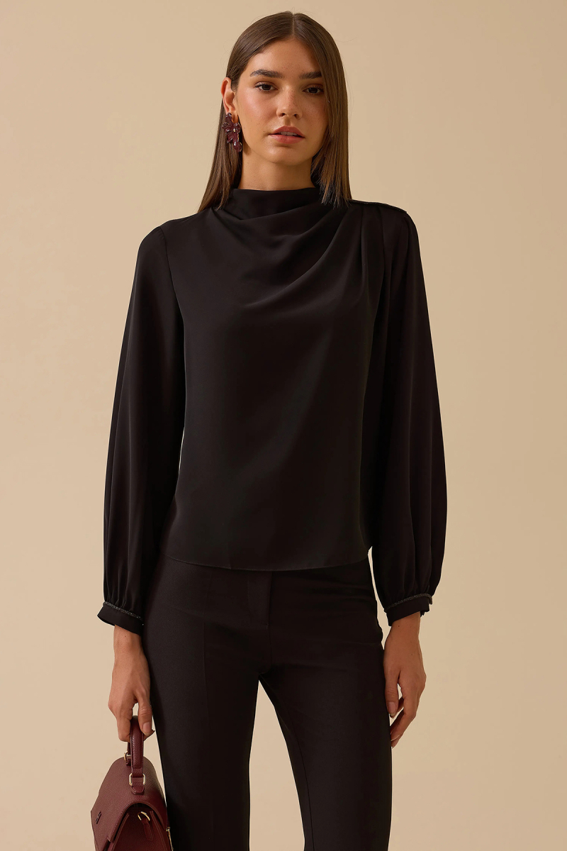 Seçil Kadın Dik Yaka Drape Detaylı Bluz 0004 Siyah Siyah
