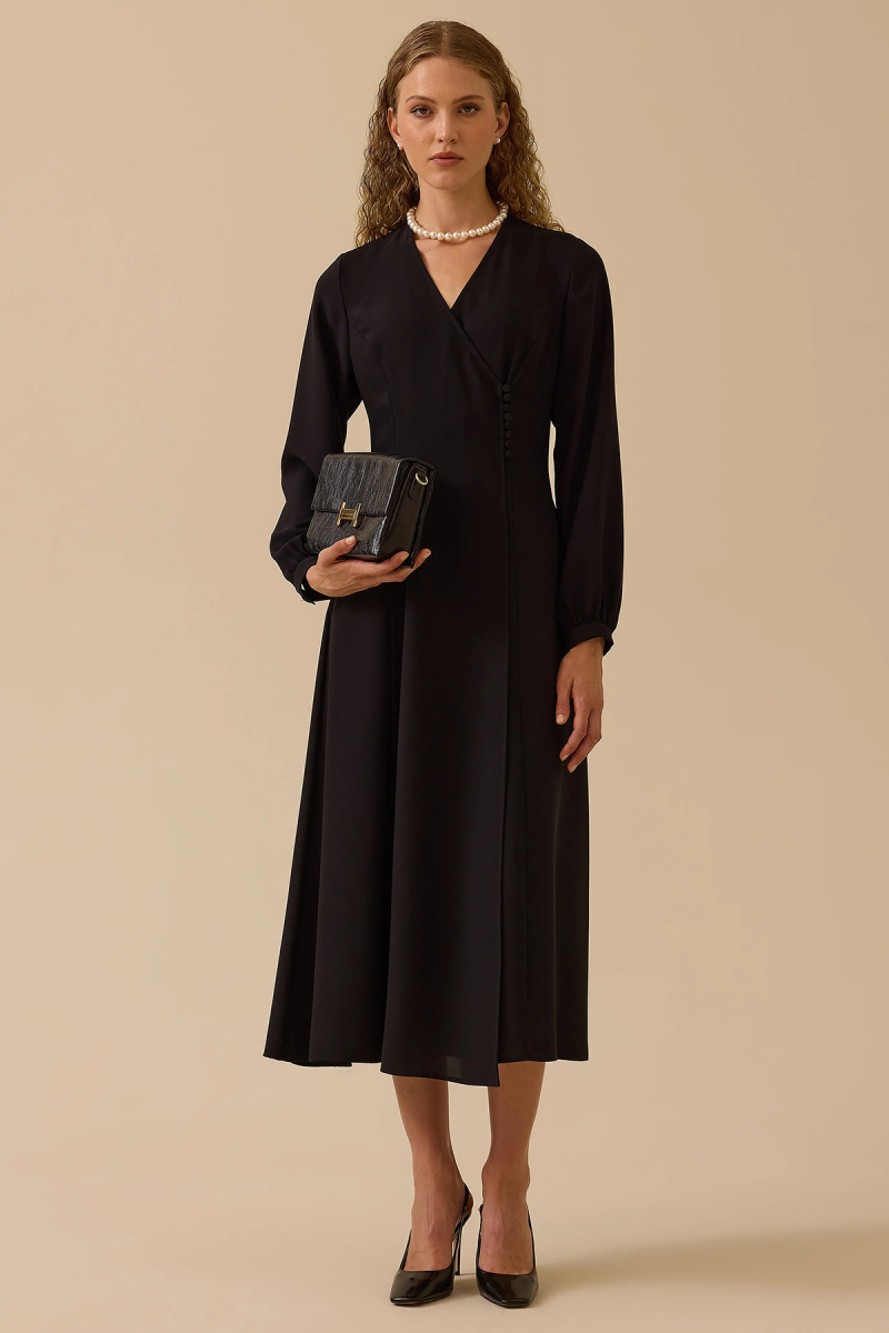 Seçil Kadın Düğme Detaylı Kruvaze Elbise 0005 Siyah Siyah