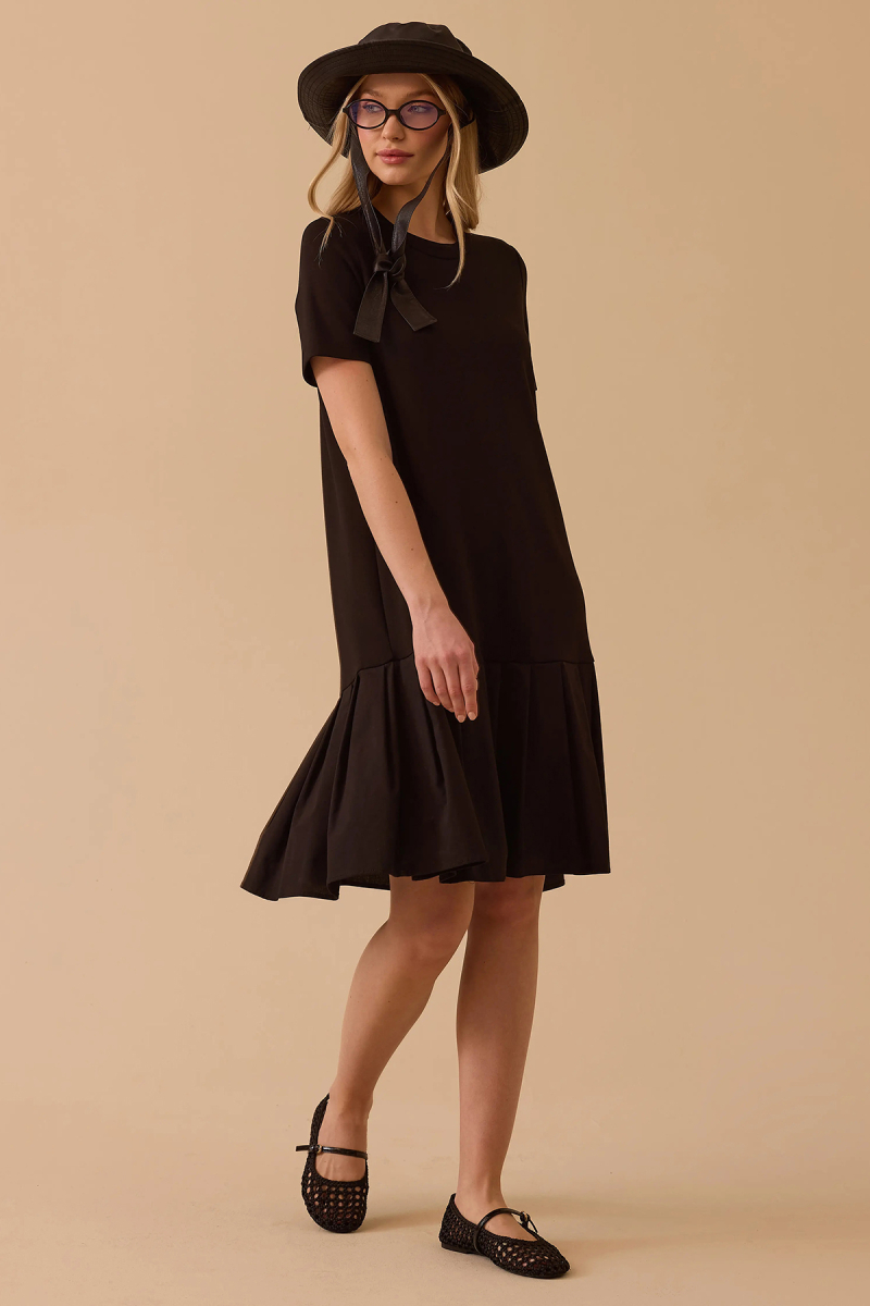 Seçil Kadın Fırfır Detaylı Kısa Kollu Penye Elbise 0024 Siyah Siyah