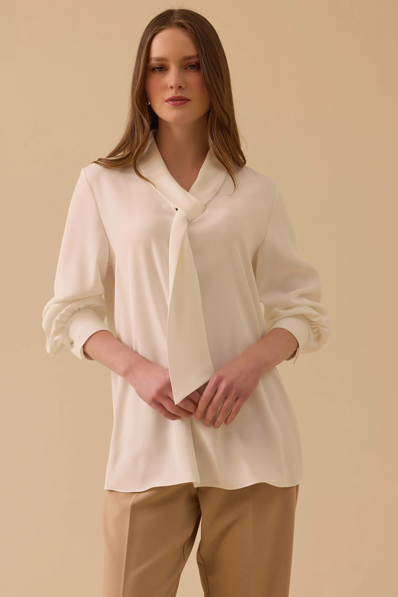 Seçil Kadın Fular Yakalı Krep Bluz 0015 Ekru Ekru