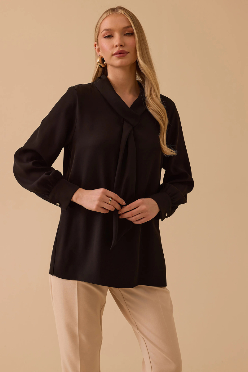 Seçil Kadın Fular Yakalı Krep Bluz 0015 Siyah Siyah
