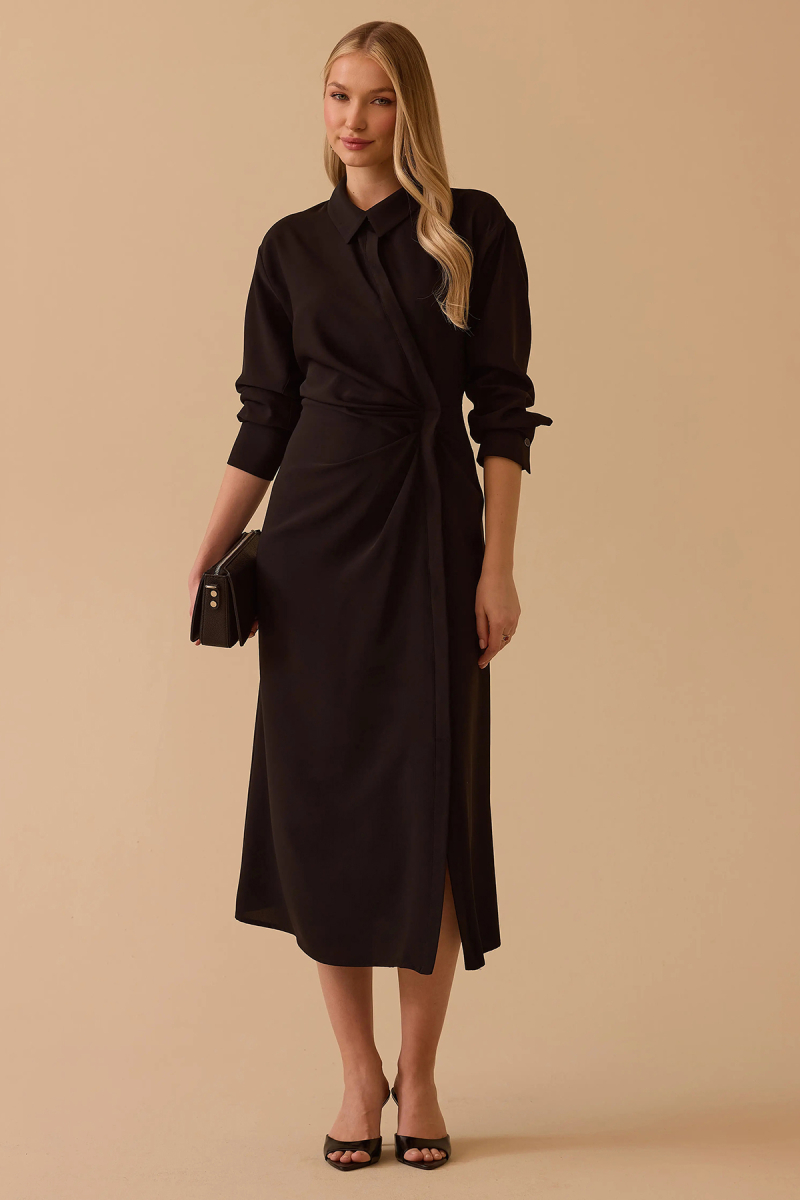 Seçil Kadın Gömlek Yaka Drapeli Elbise 0015 Siyah Siyah