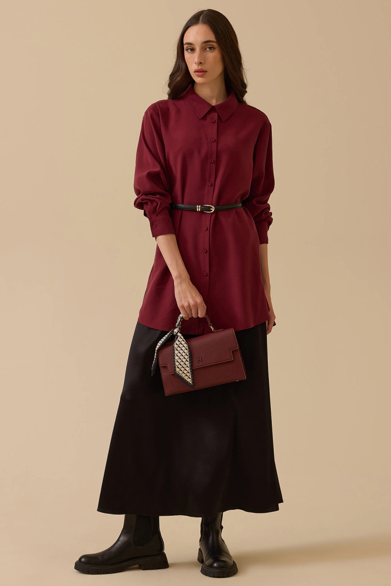 Seçil Kadın Gömlek Yaka Uzun Kollu Basic Tunik 1010 Bordo Bordo