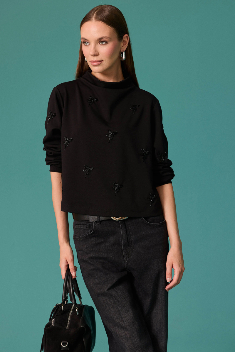 Seçil Kadın İnci Çiçek Detaylı Dik Yaka Sweatshirt Siyah Siyah
