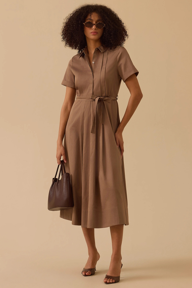 Seçil Kadın Kuşaklı Pile Detaylı Koton Elbise 0042 Vizon Vizon