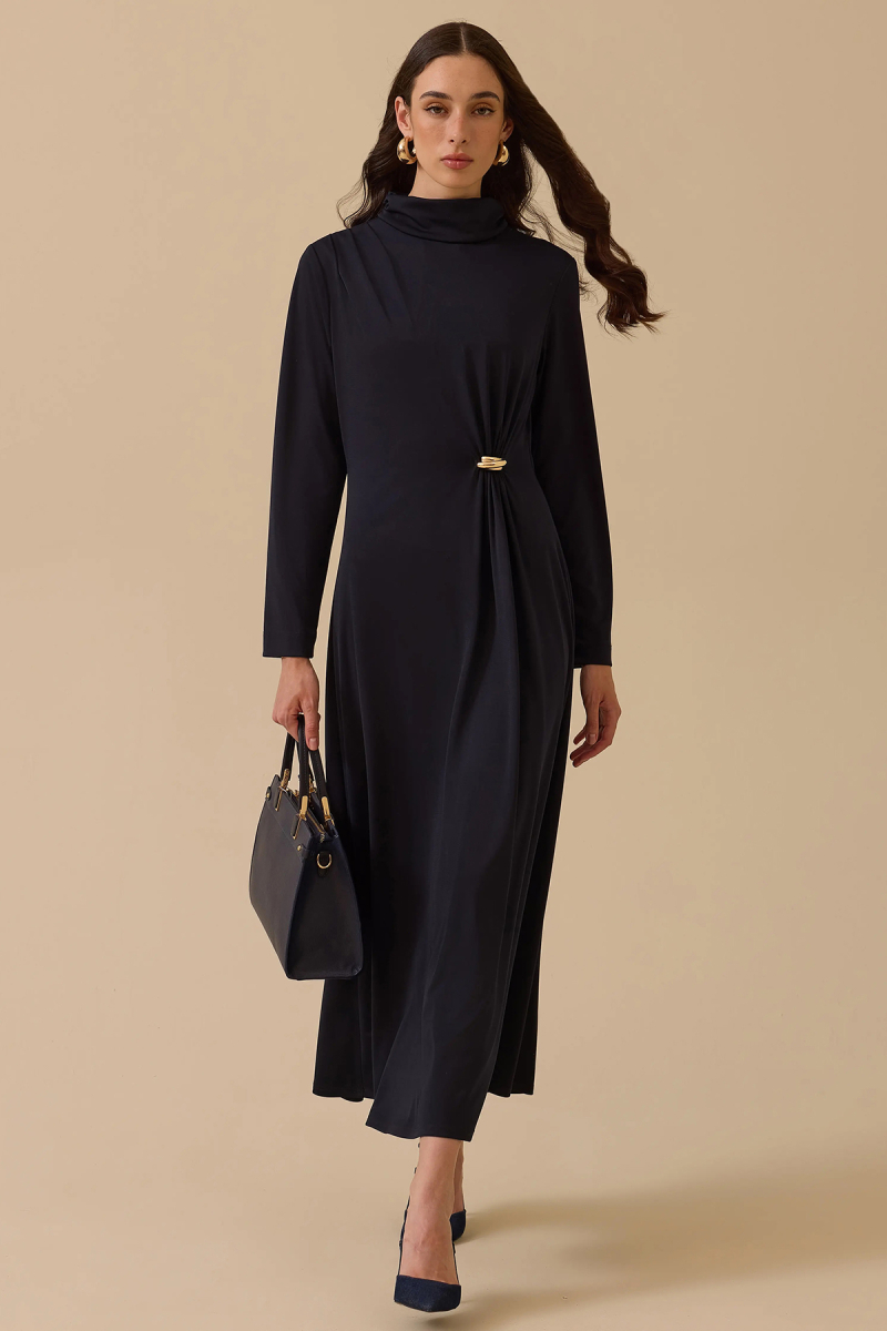 Seçil Kadın Metal Aksesuarlı Drapeli Elbise 1025 Lacivert Lacivert