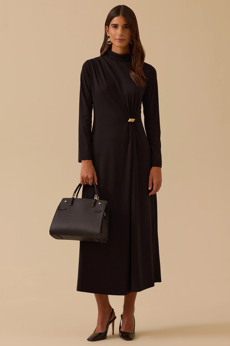 Seçil Kadın Metal Aksesuarlı Drapeli Elbise 1025 Siyah Siyah