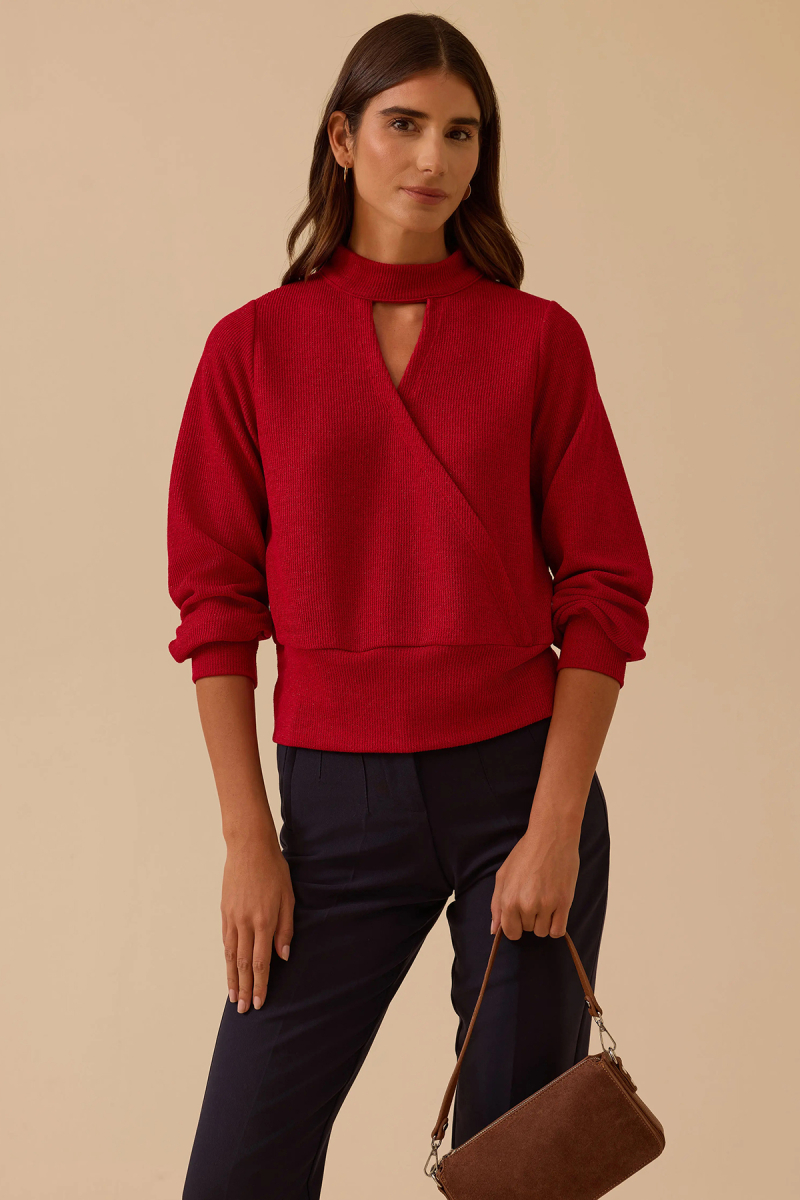 Seçil Kadın Pencere Detaylı Dik Yaka Triko Bluz 0032 Kırmızı Kırmızı