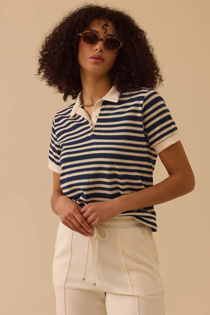 Seçil Kadın Polo Yaka Çizgili T-Shirt 0007 Lacivert Lacivert