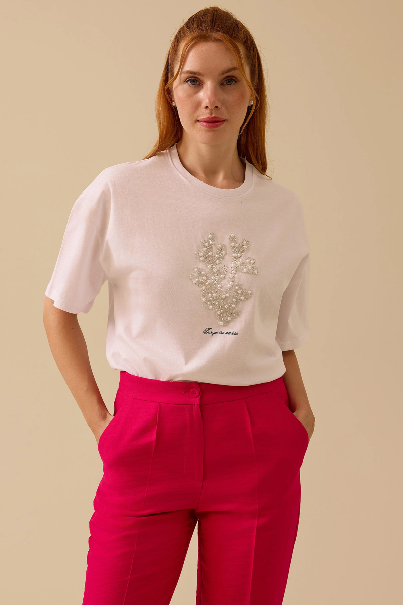 Seçil Kadın Taş Detaylı Baskılı T-Shirt 0014 Beyaz Beyaz