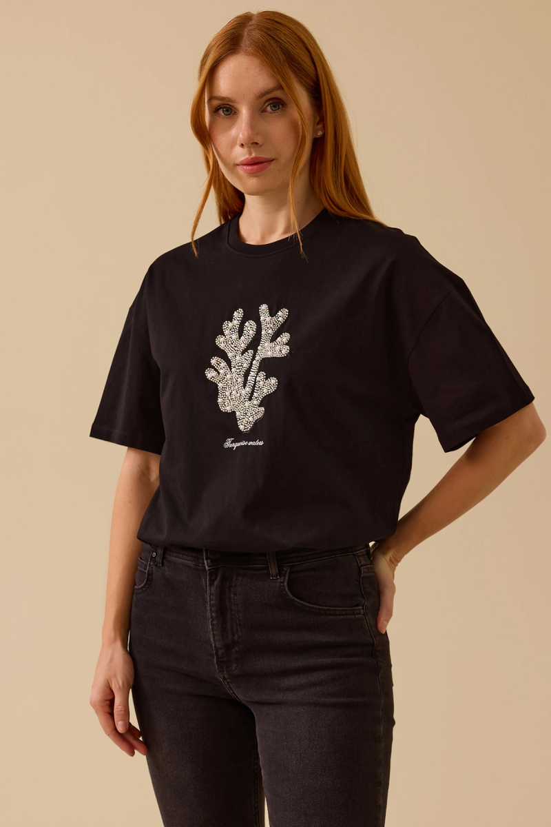 Seçil Kadın Taş Detaylı Baskılı T-Shirt 0014 Siyah Siyah