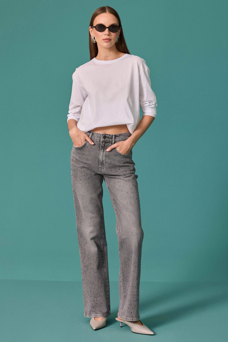 Seçil Kadın Taş Detaylı İspanyol Paça Denim Pantolon Gri Gri