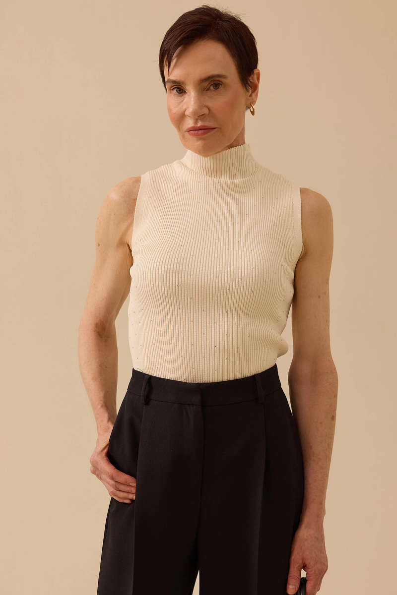 Seçil Kadın Taş Detaylı Triko Kolsuz Bluz 0027 Ekru Ekru