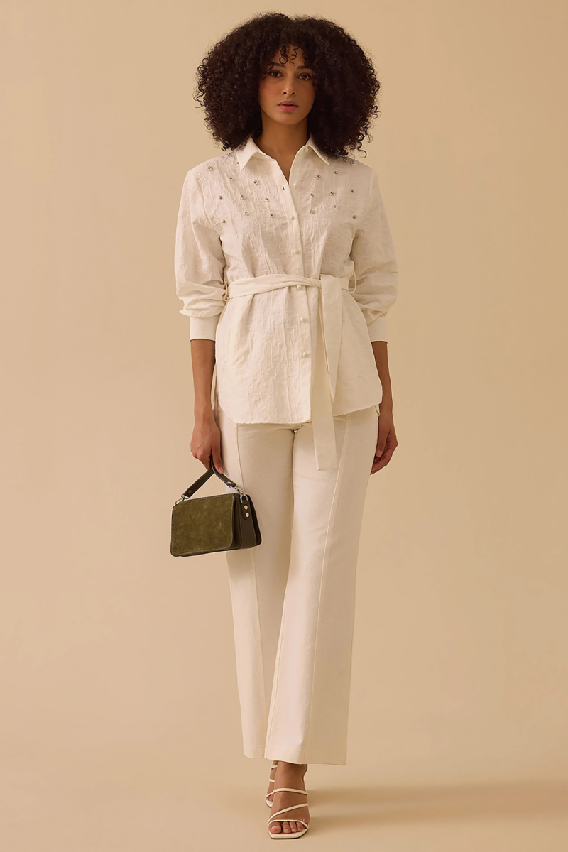 Seçil Kadın Taşlı Kuşak Detaylı Cepli Gömlek 0006 Beyaz Beyaz