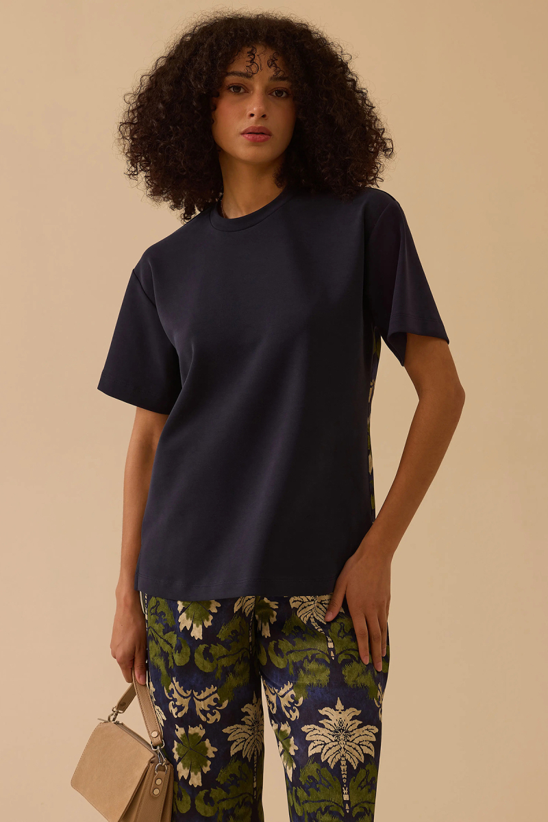 Seçil Kadın Tropik Desen Yuvarlak Yaka T-Shirt 0003 Lacivert Lacivert