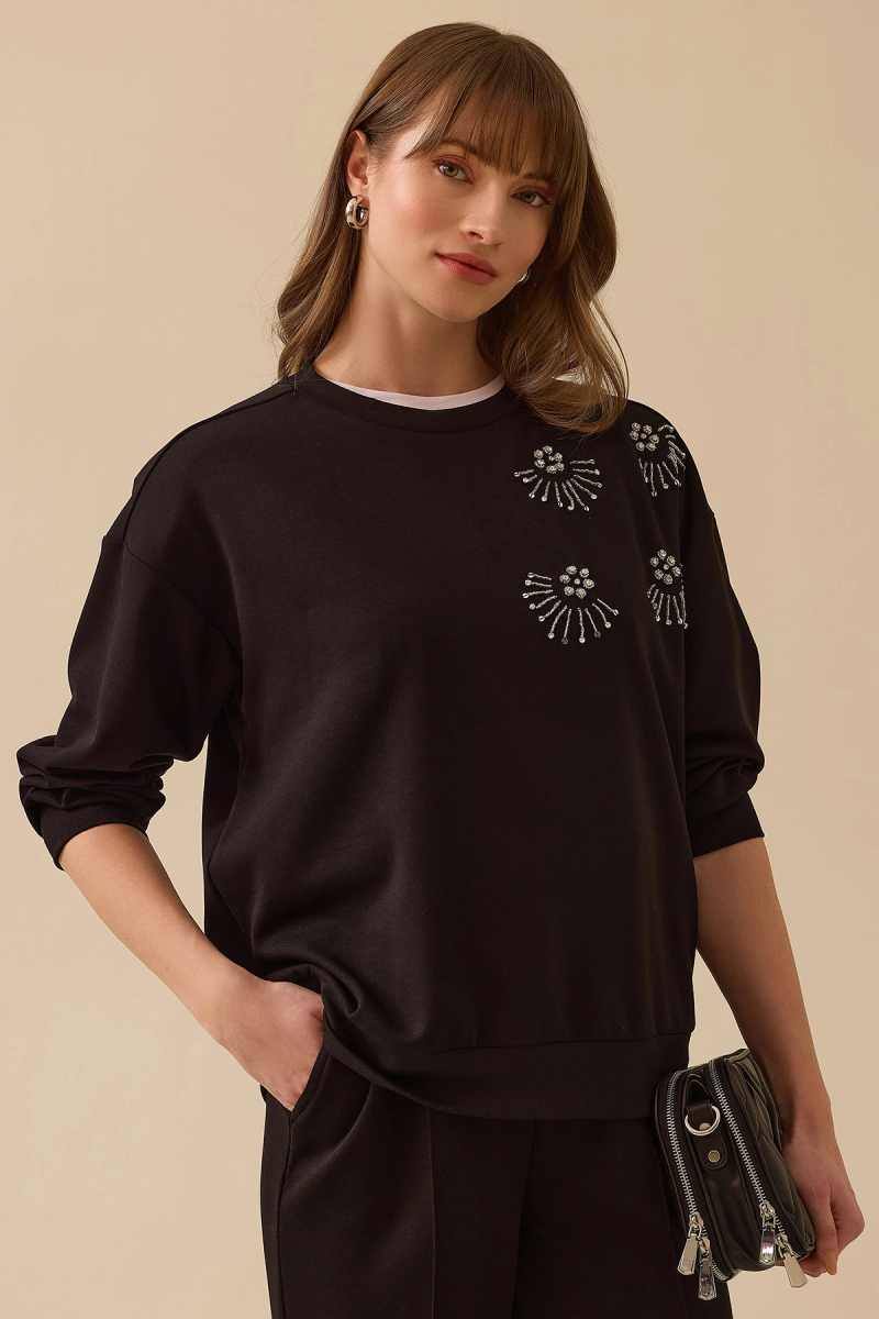 Seçil Kadın Yuvarlak Yaka Taş İşlemeli Sweatshirt 0001 Siyah Siyah