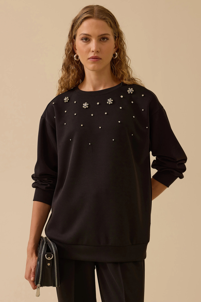 Seçil Kadın Yuvarlak Yaka Taşlı Sweatshirt 0001 Siyah Siyah