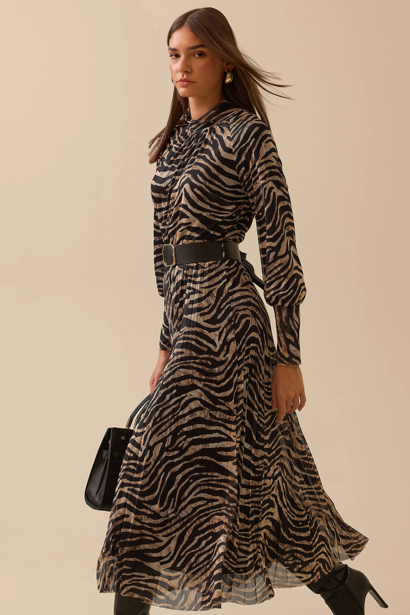 Seçil Kadın Zebra Desenli Kemerli Elbise 0016 Siyah Siyah