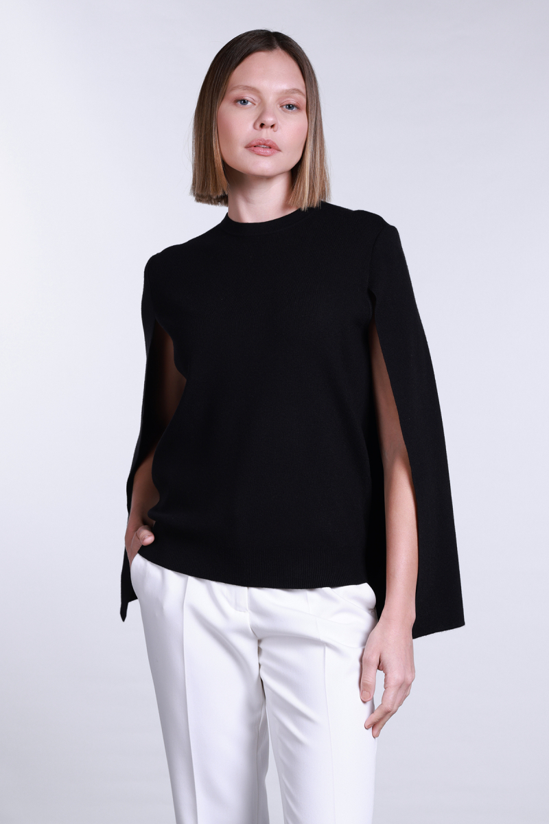 Sempre Kadın Bisiklet Yaka Pelerin Detaylı Kazak 2775 Siyah Siyah