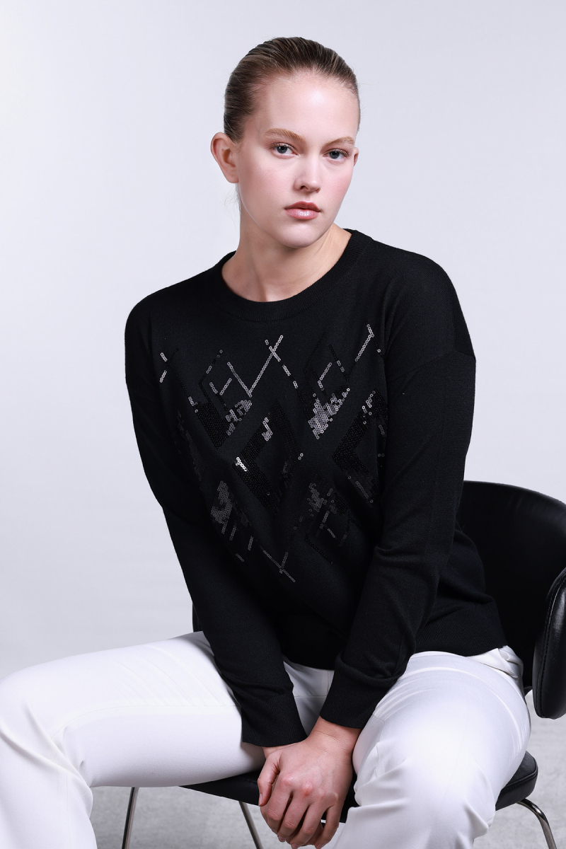 Sempre Kadın Bisiklet Yaka Pul İşlemeli Yün Kazak 2720 Siyah Siyah