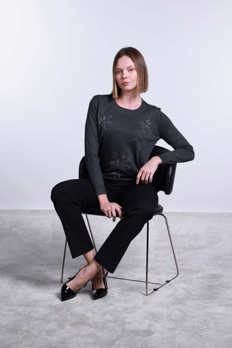 Sempre Kadın Bisiklet Yaka Pul İşlemeli Yün Kazak 2765 Koyu Gri Koyu Gri