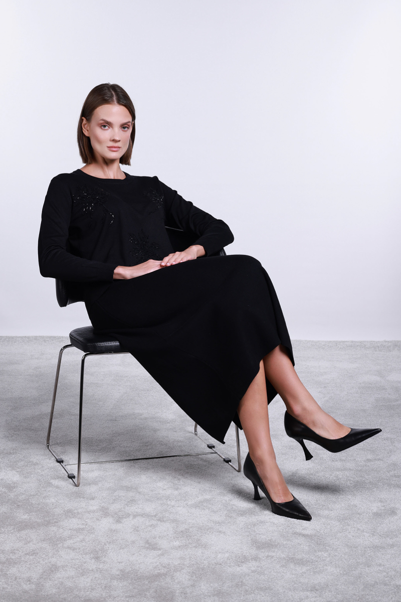 Sempre Kadın Bisiklet Yaka Pul İşlemeli Yün Kazak 2765 Siyah Siyah