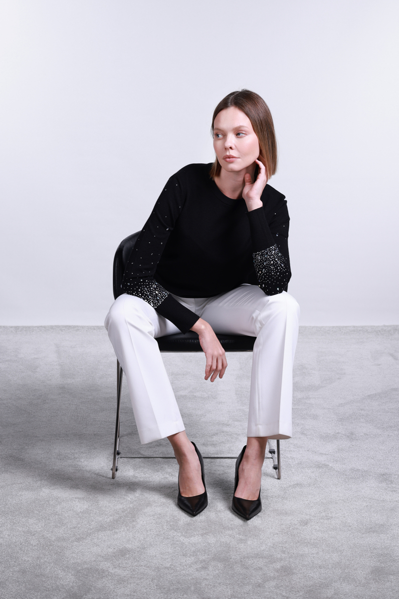 Sempre Kadın Kolları Taş Detaylı Bisiklet Yaka Kazak 2704 Siyah Siyah