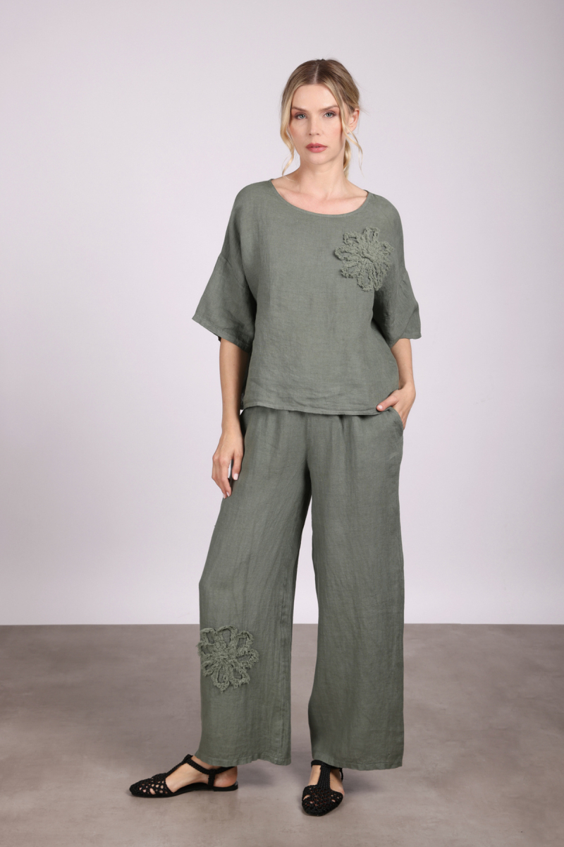 Sempre Kadın Oversize Kalıp Keten Alt-Üst Takım 2635 Yeşil Yeşil
