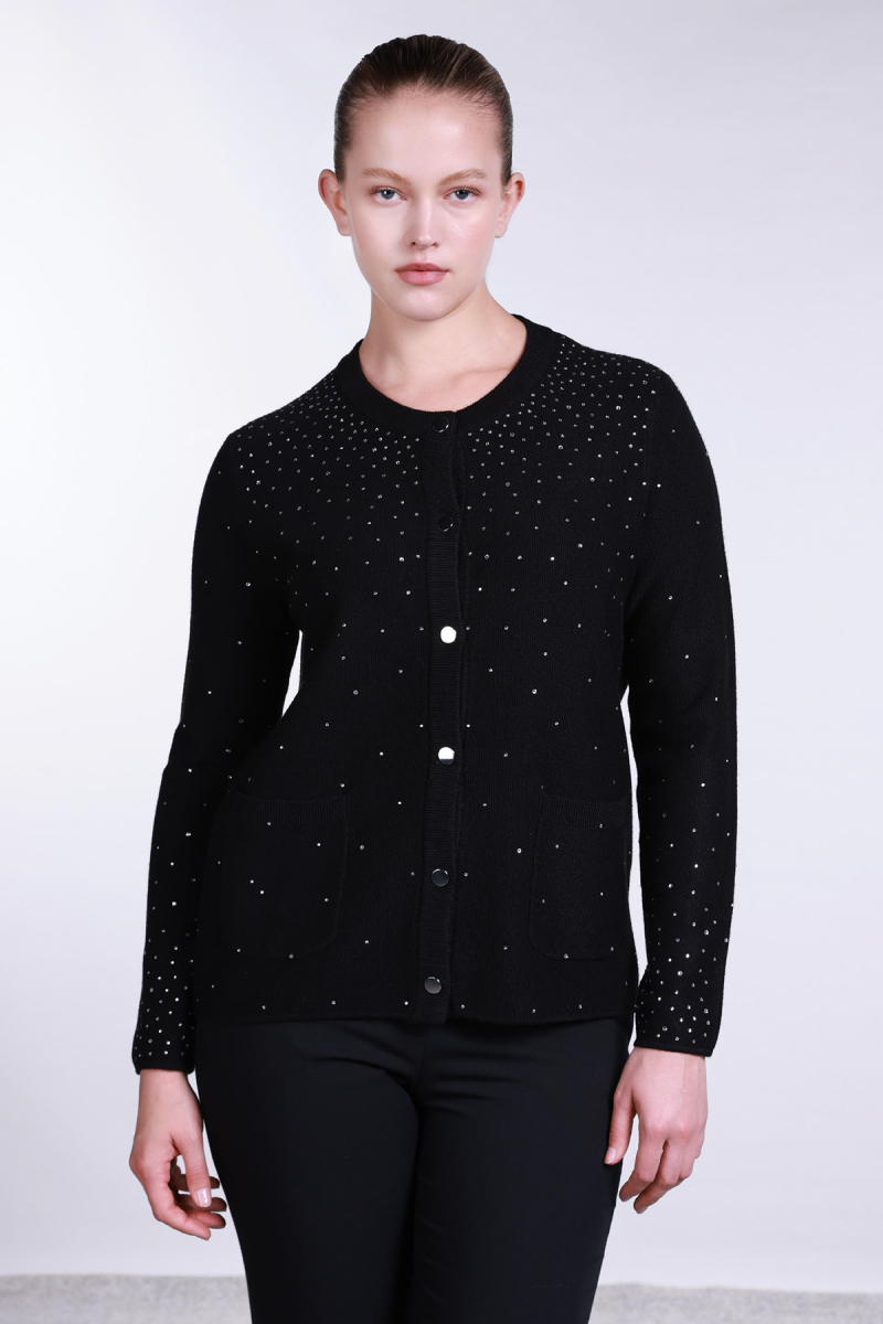 Sempre Kadın Taş Süslemeli Torba Cepli Hırka 2700 Siyah Siyah