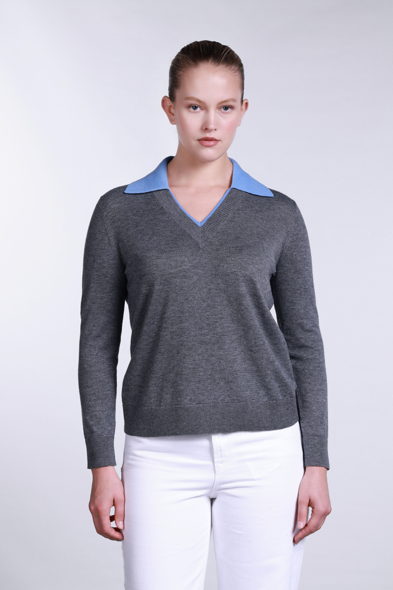 Sempre Kadın V Yaka Uzun Kollu Yün Kazak 2755 Gri-Mavi GRİ-MAVİ
