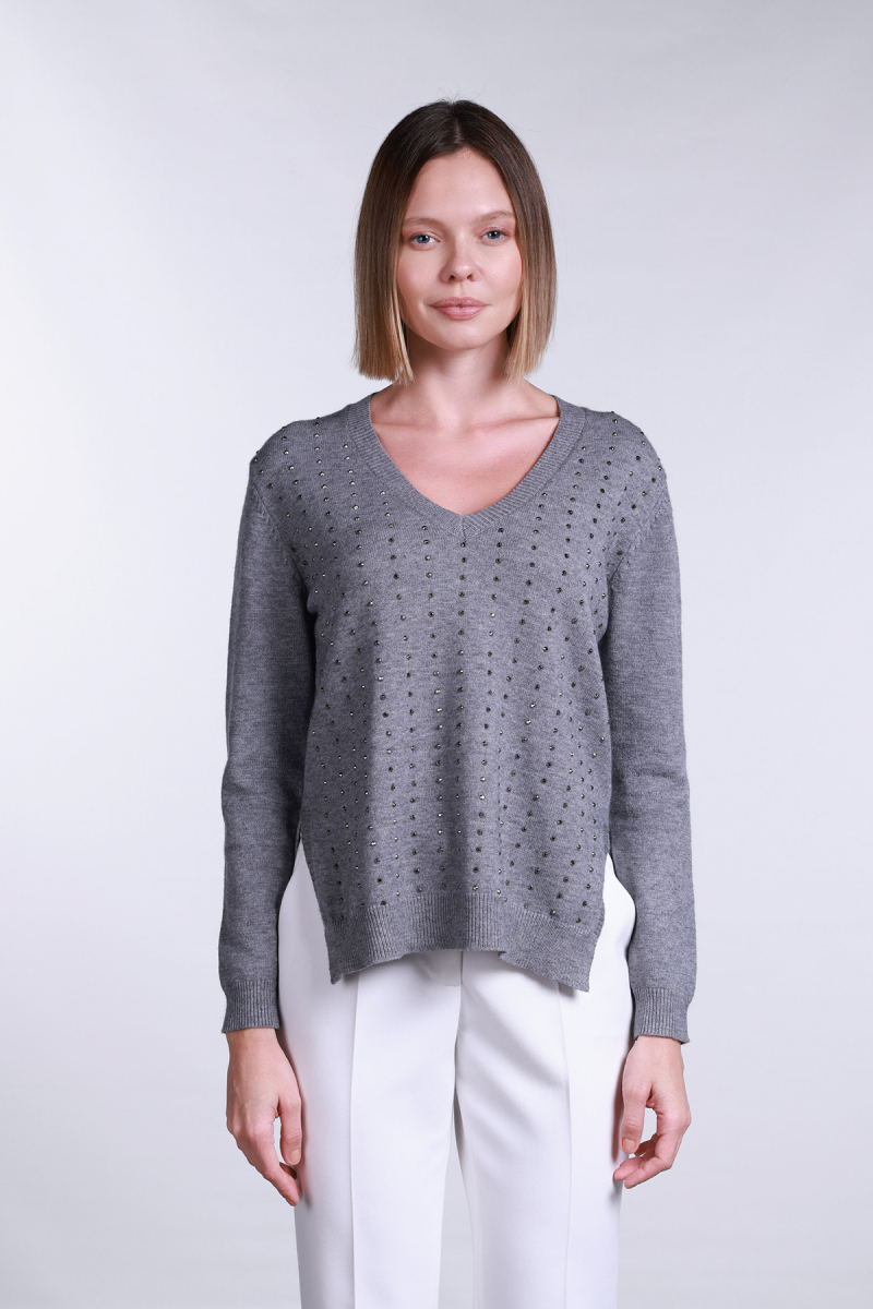 Sempre Kadın V Yaka Yandan Yırtmaçlı Taş Detaylı Kazak 2754 Gri Gri