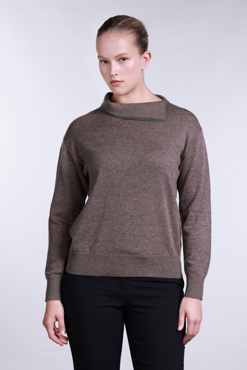 Sempre Kadın Yaka Detaylı Uzun Kollu Yün Kazak 2781 Kahverengi Kahverengi