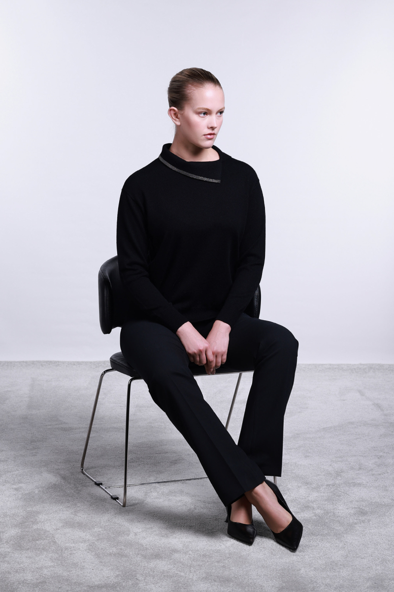 Sempre Kadın Yaka Detaylı Uzun Kollu Yün Kazak 2781 Siyah Siyah