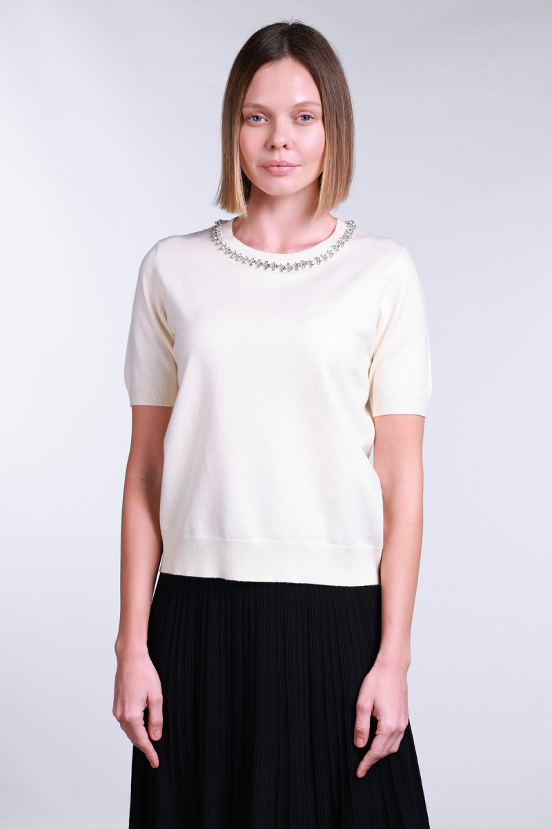 Sempre Kadın Yakası Taş Detaylı Kısa Kollu Kazak 2702 Krem Krem