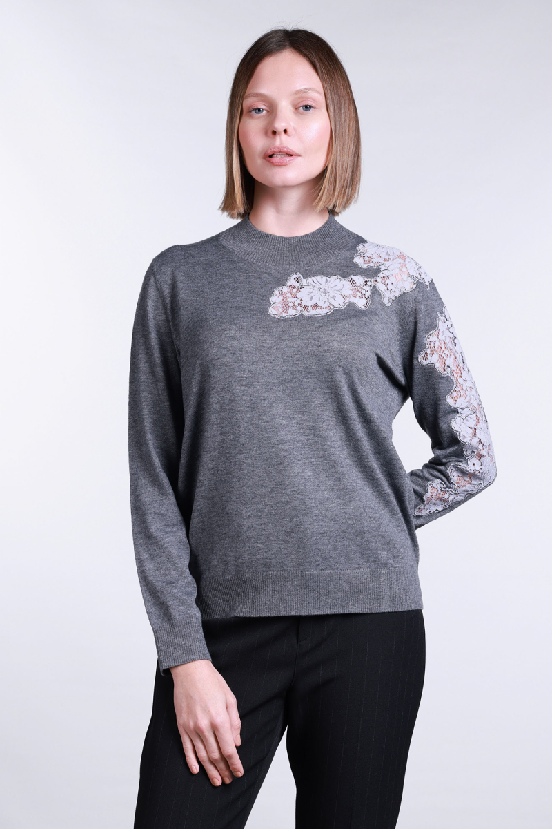 Sempre Kadın Yarım Balıkçı Dantel Detaylı Yün Kazak 2721 Gri Gri