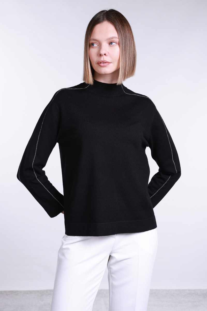 Sempre Kadın Yarım Balıkçı Şerit Taş Detaylı Kazak 2772 Siyah Siyah