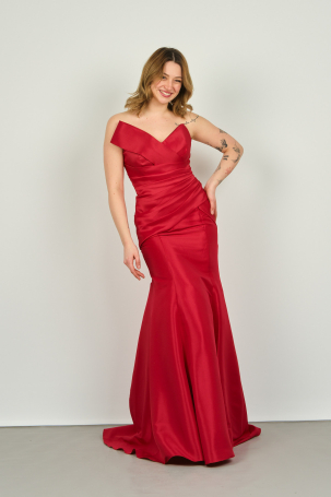 Şeref Vural Kadın Asimetrik Yaka Balık Form Abiye Elbise 8246 Kırmızı Kırmızı